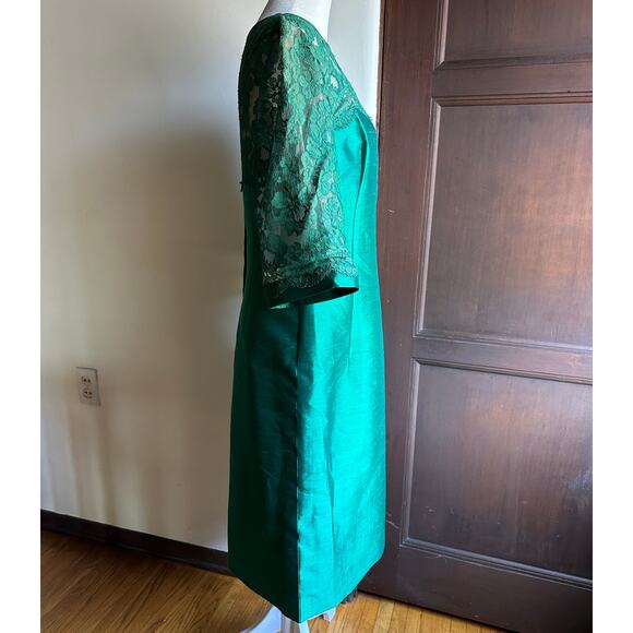 50's VINTAGE | Wayne Fuller Emerald Green Silk Sheath Dress Lace | Approx Sz 10 - Picture 3 of 12
